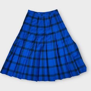 Pendleton Vintage Pleated Plaid Virgin Wool Skirt Blue Black Midi Length Size 8